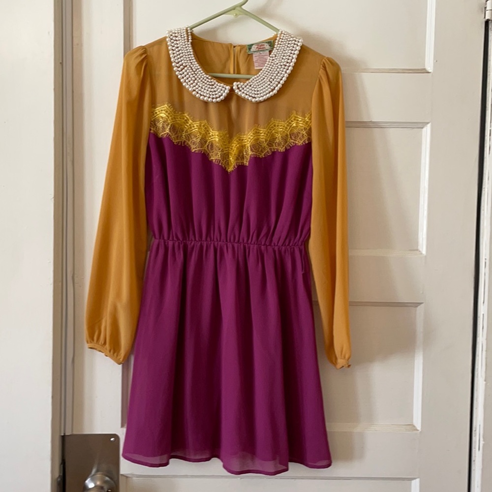 Flying Tomato Pearl Collar Color Contrast Dress